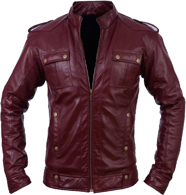 Burgundy Red Leather Jacket With Zip Pockets Fashion PNG Image