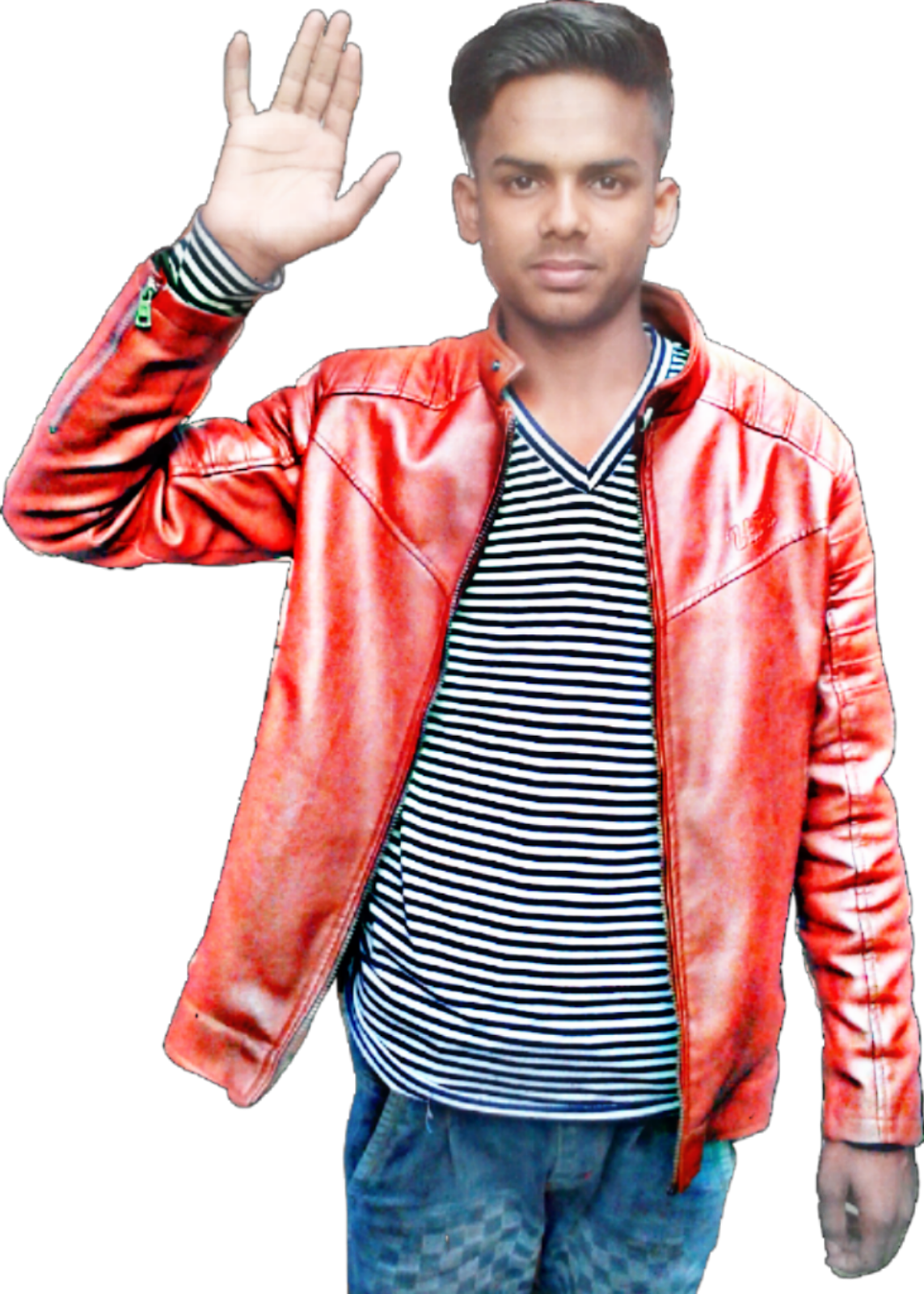Man Modeling Red Leather Jacket Over Striped Shirt Fashion Image