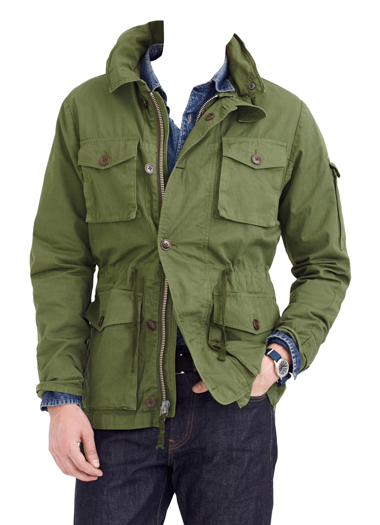Olive Green Hooded Utility Parka Jacket On Model Outdoor Apparel Image