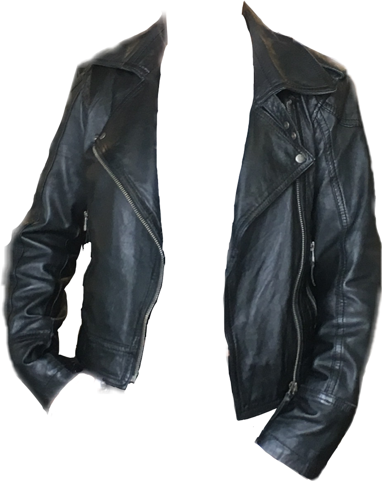 Open Black Leather Jacket Front View With Lapel Collar Product Image