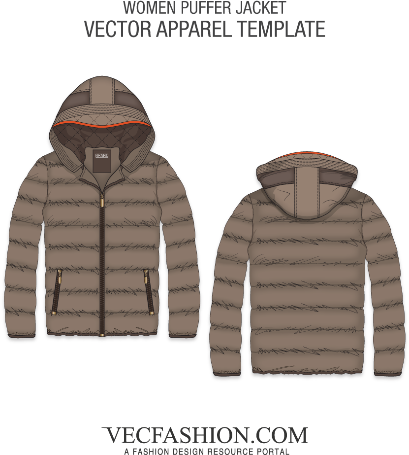 Womens Hooded Puffer Jacket Front And Back Vector Template