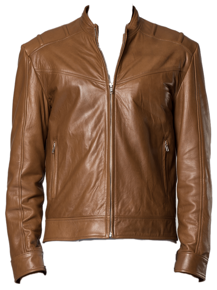 Tan Brown Leather Bomber Jacket With Front Pockets Isolated PNG Image