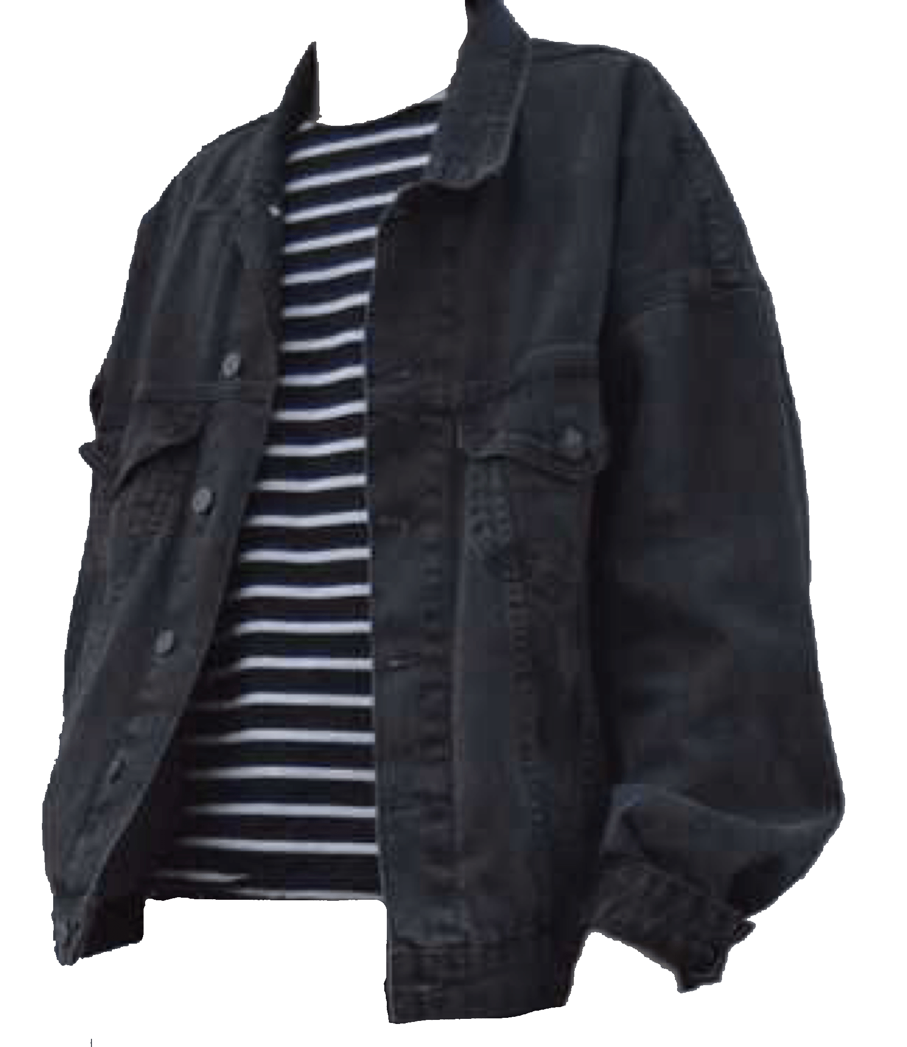 Black Denim Jacket Over Striped Shirt Casual Fashion PNG Image