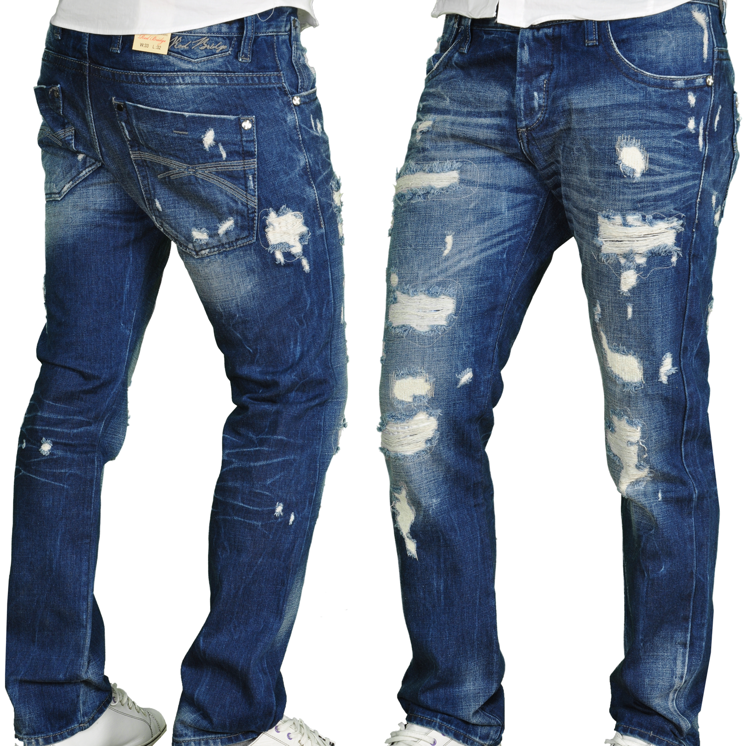Dark Blue Ripped Jeans With Distressed Knee And Thigh Details