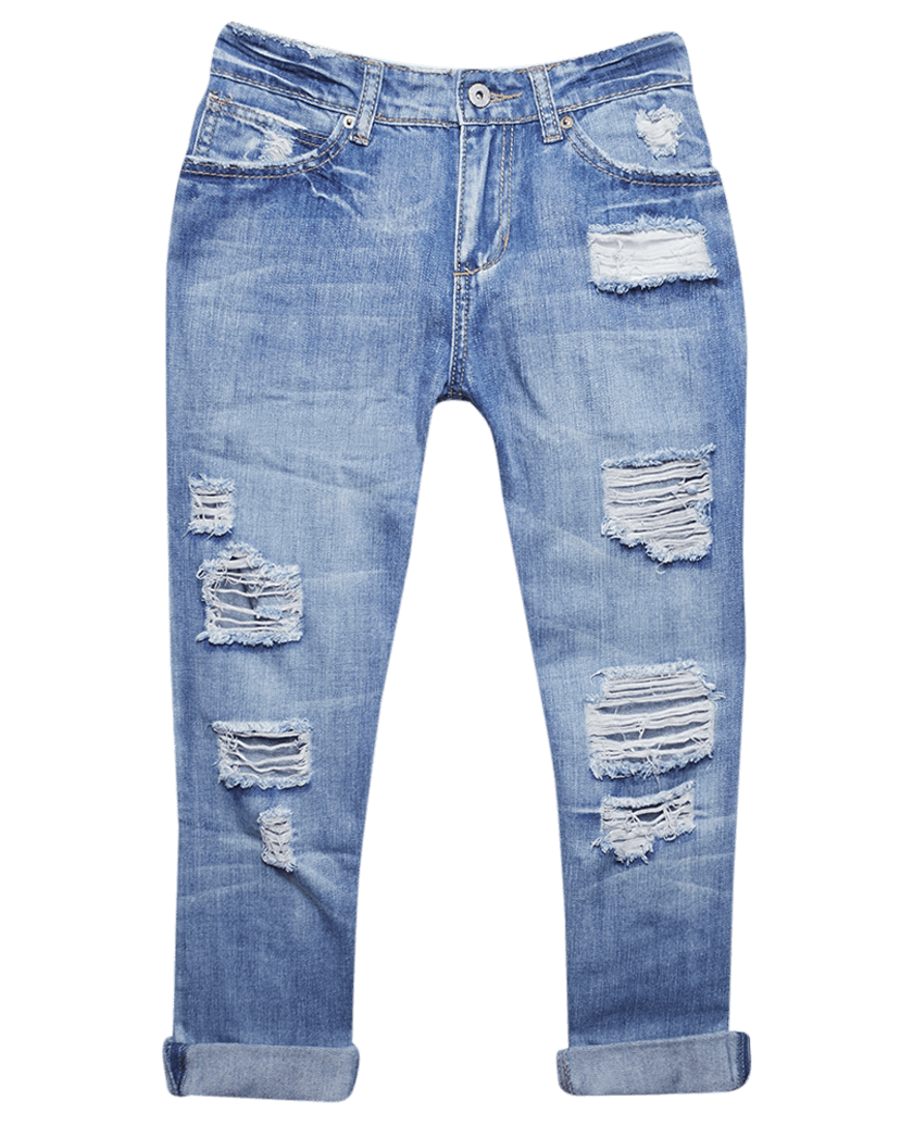 Light Blue Ripped Jeans With Distressed Knees And Front Pockets