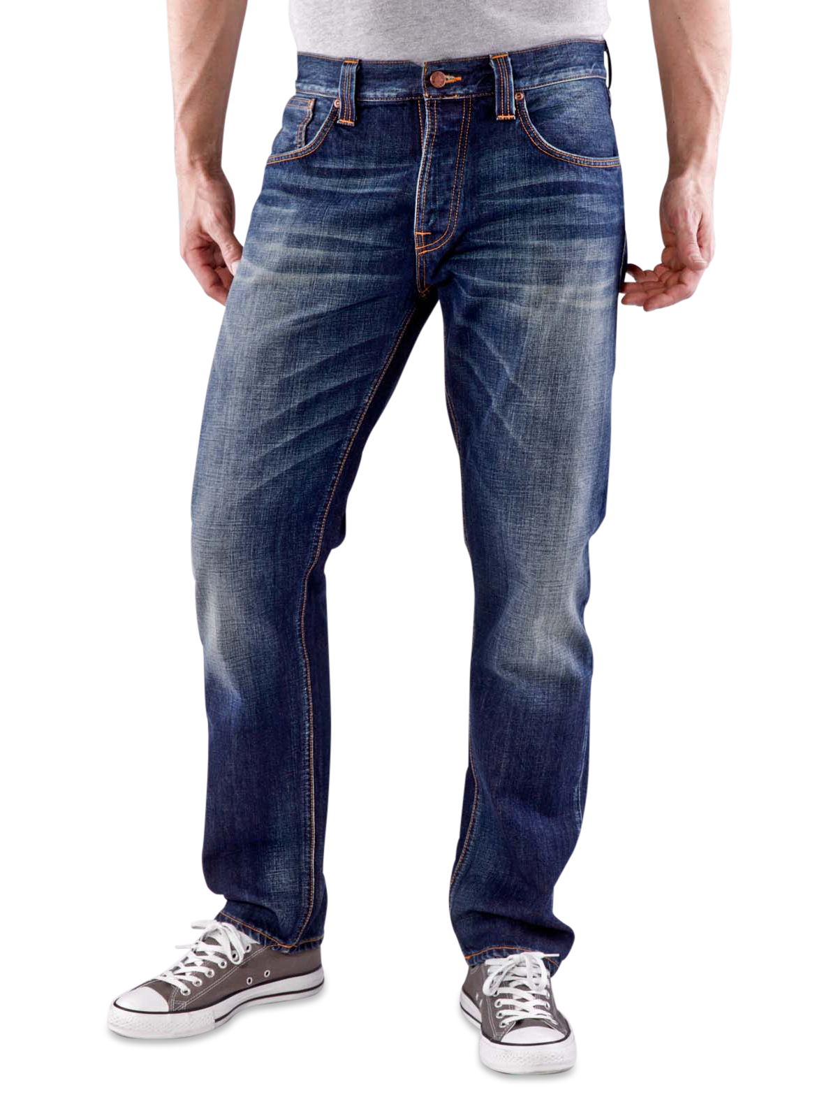Man Wearing Blue Casual Jeans And Sneakers Fashion Cutout