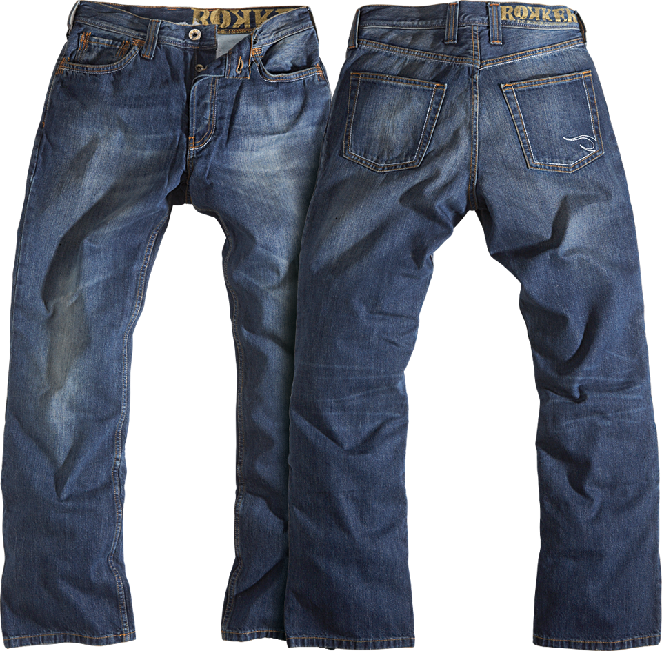 Two Pairs Of Dark Blue Denim Jeans Front And Back Product Display