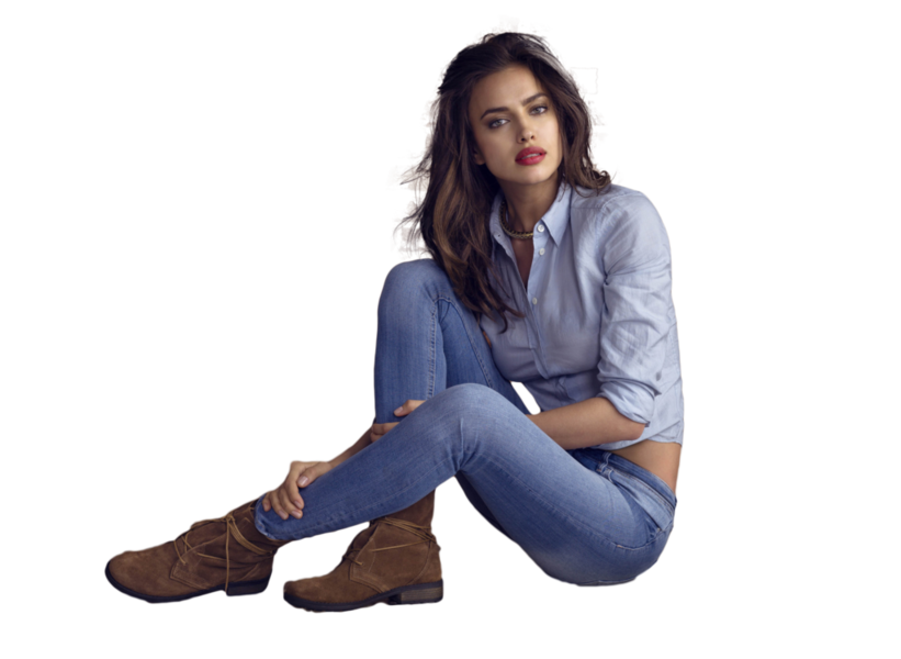 Woman Sitting In Blue Jeans And Denim Jacket Fashion Portrait