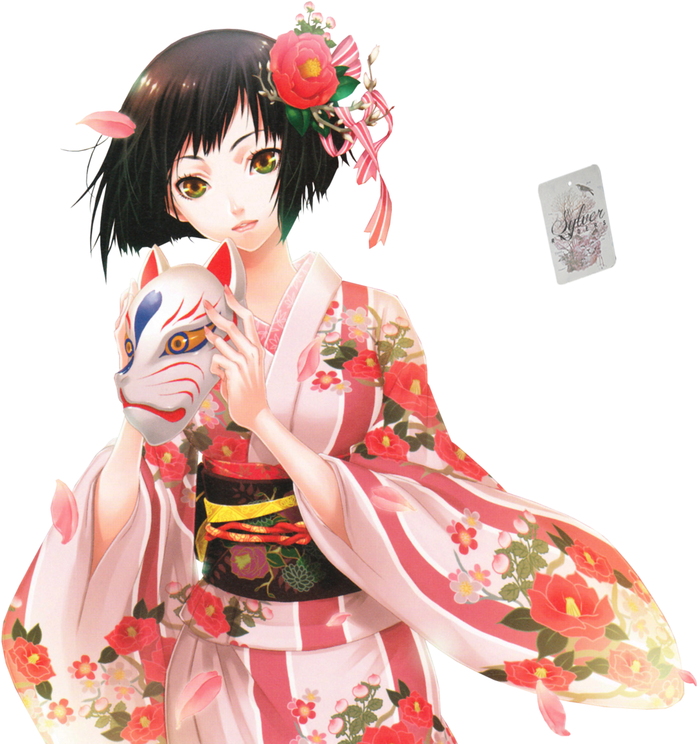 Anime Kimono Girl On Decorative Screen With Purple Floral Background