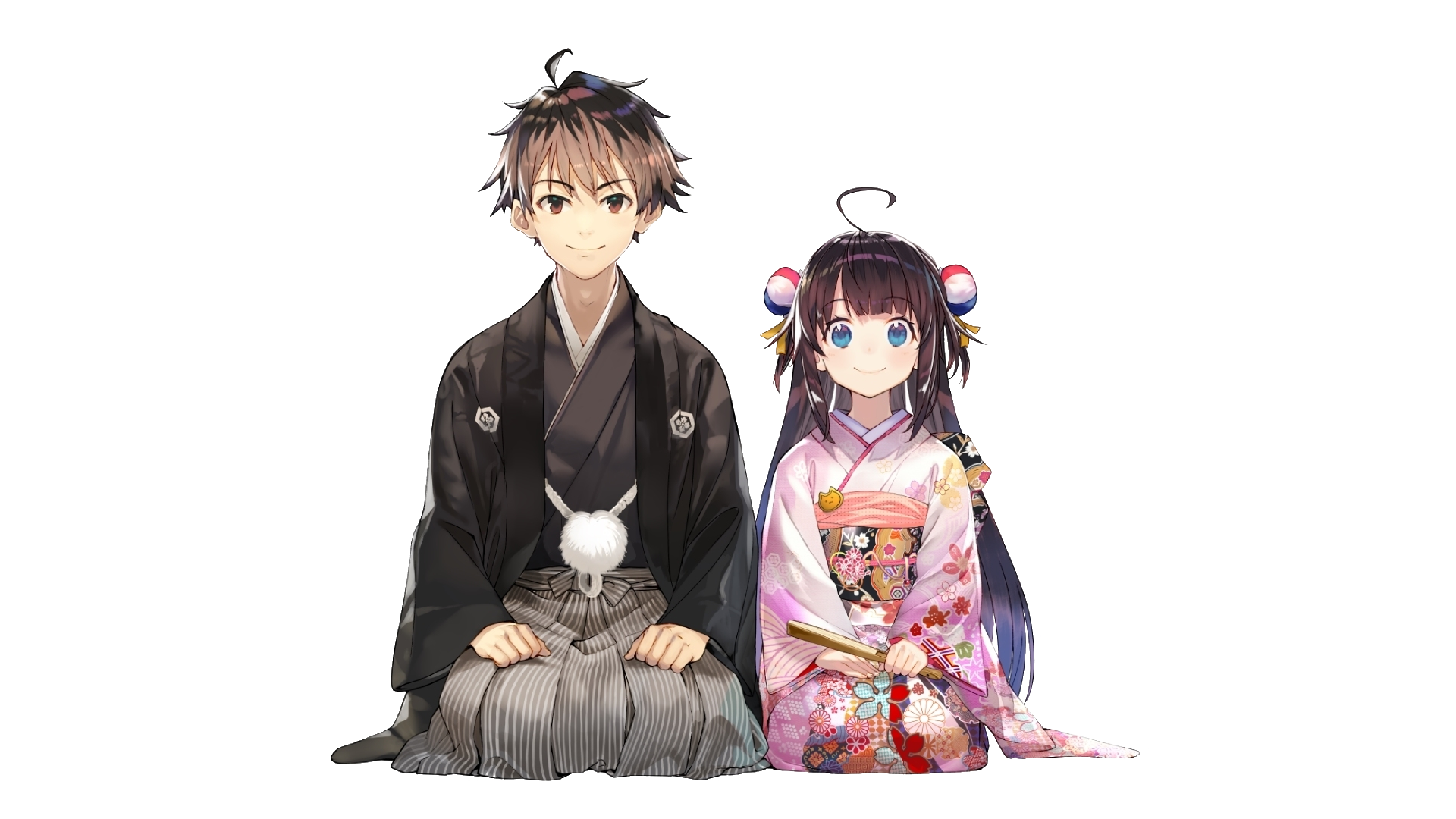 Anime Wedding Couple Sitting In Formal Japanese Kimono And Hakama