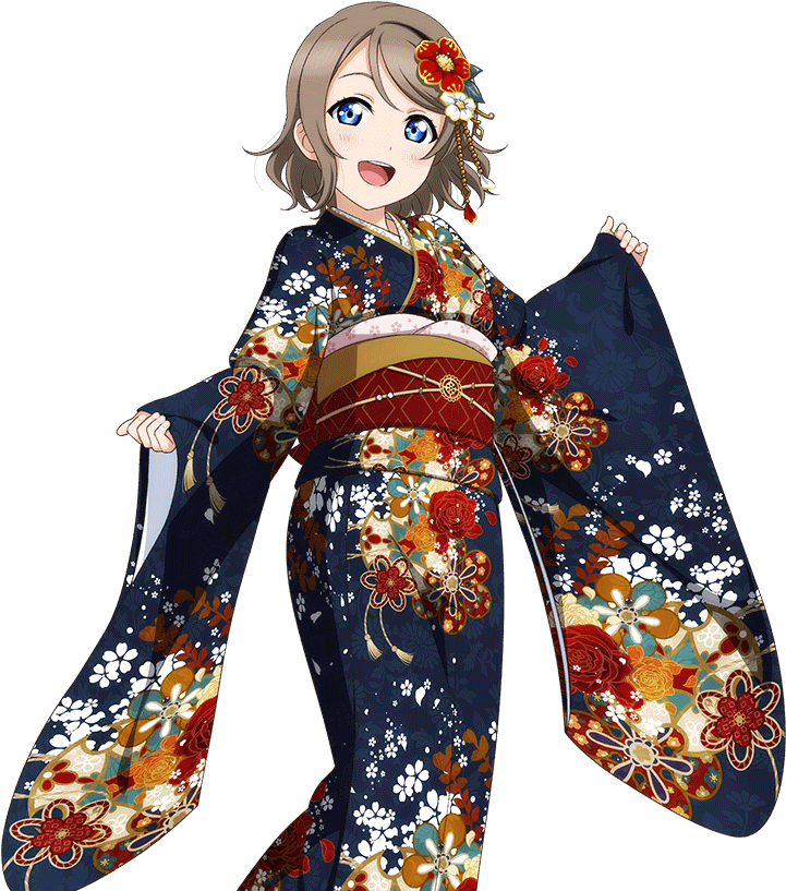 Anime Woman In Blue Floral Kimono With Decorative Folding Fans Illustration
