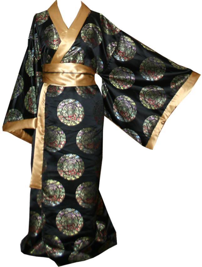 Black And Gold Silk Kimono With Ornate Circular Pattern Detail