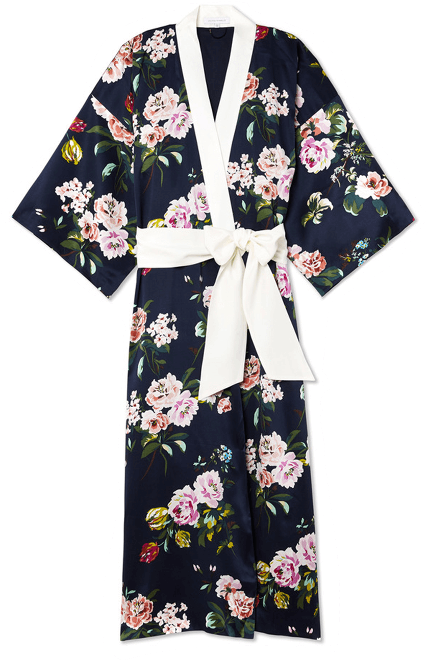 Black Floral Kimono Robe With White Obi Belt Front View PNG Image