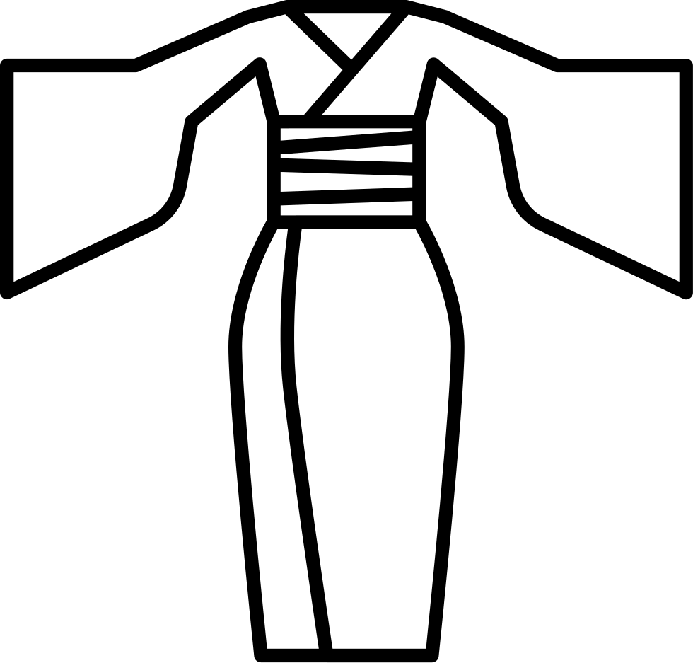 Black Line Art Drawing Of Traditional Japanese Kimono And Obi