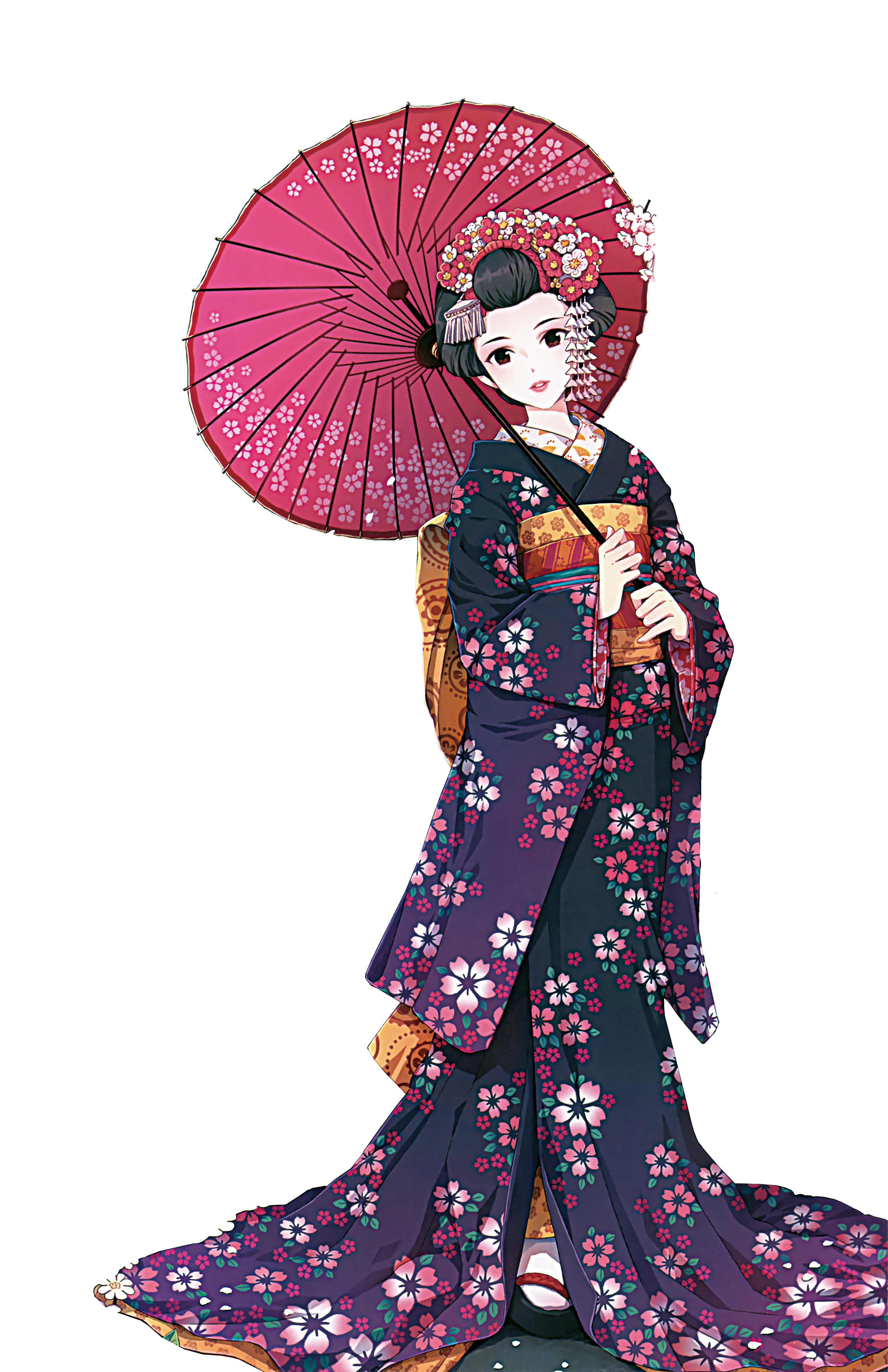 Japanese Geisha In Floral Kimono Holding Red Paper Parasol Full Length PNG Image