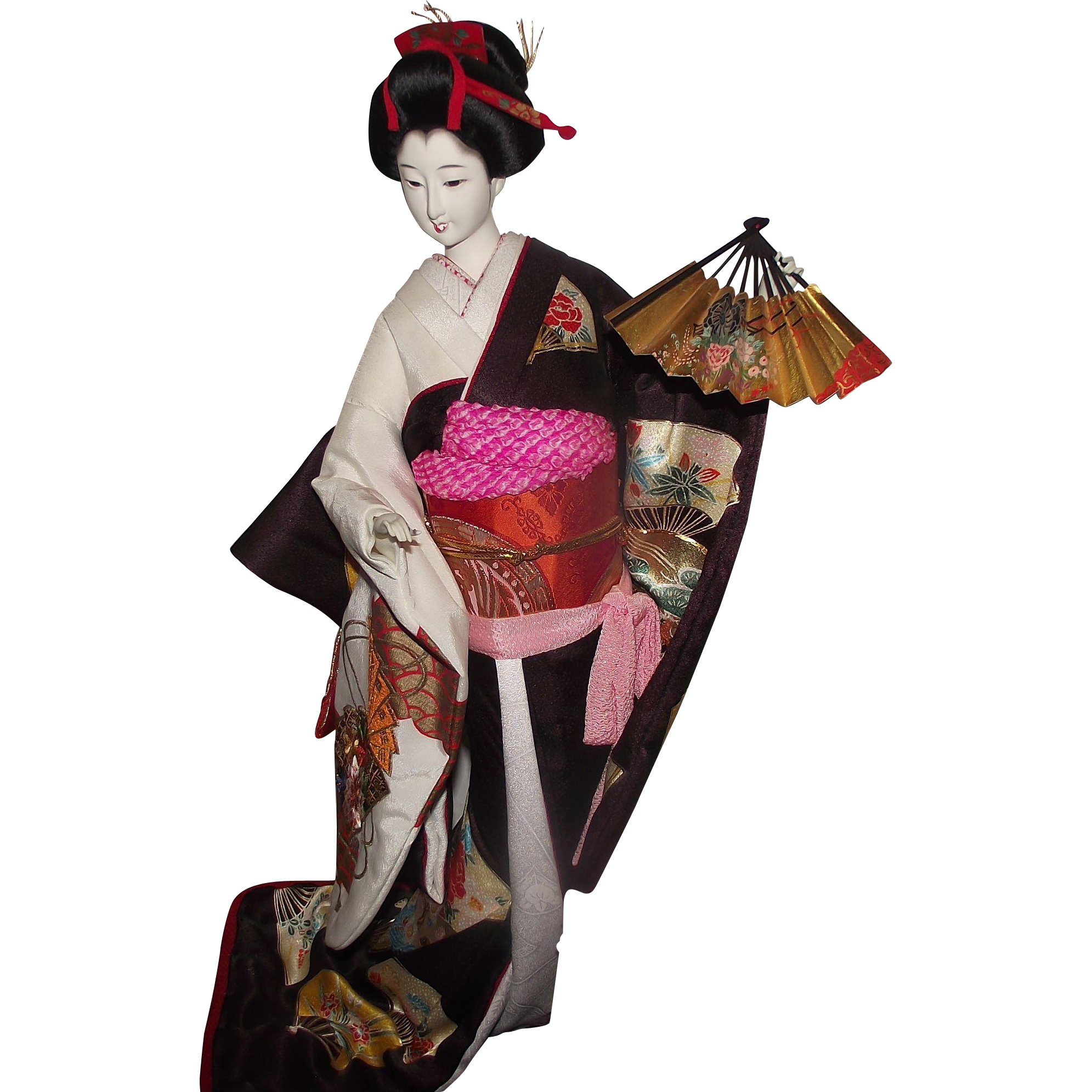 Japanese Geisha In Red And Black Kimono Holding Decorative Parasol