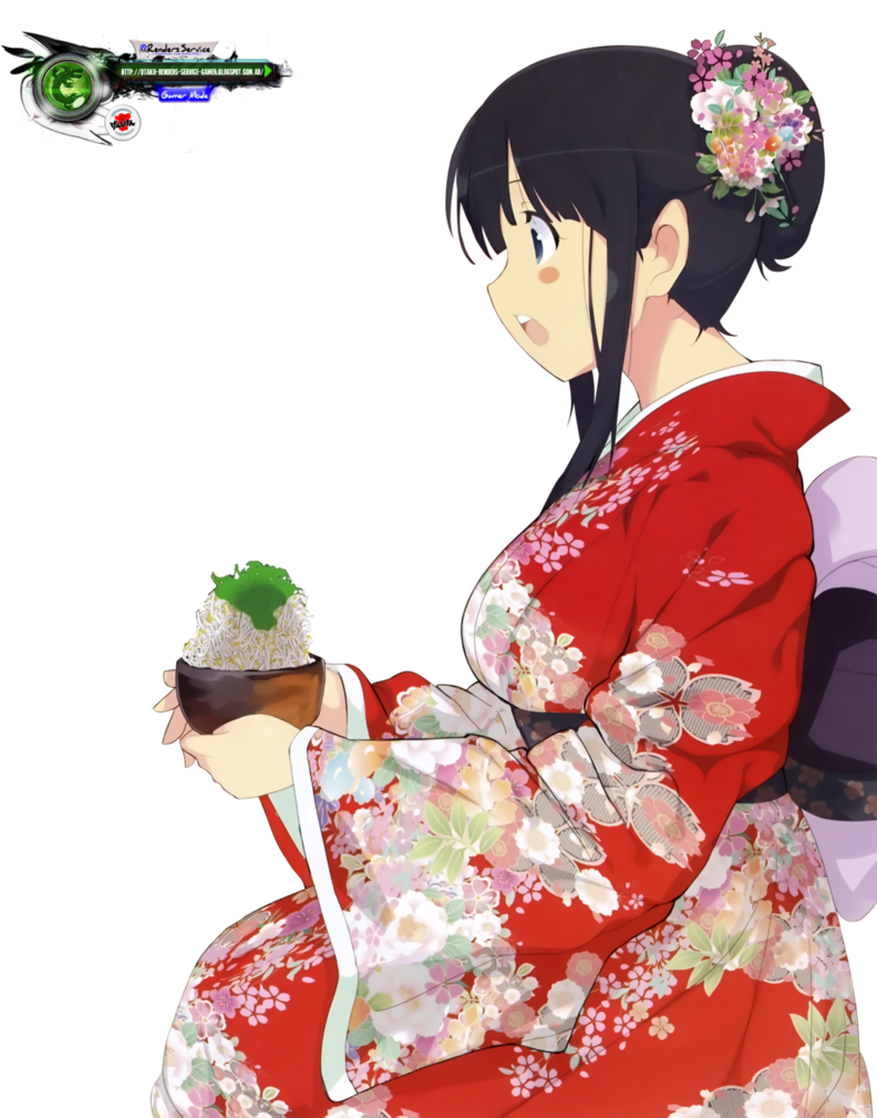 Japanese Woman In Floral Red Kimono Holding Tea Cup Traditional Portrait