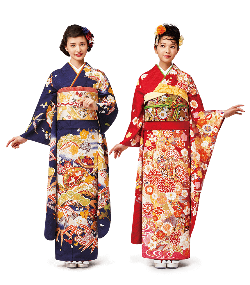 Two Women Wearing Colorful Floral Kimono Traditional Japanese Portrait