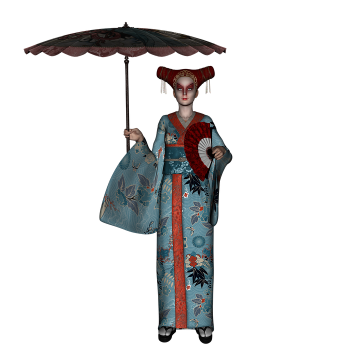 Woman Carrying Paper Umbrella In Blue Patterned Kimono Full Length Art