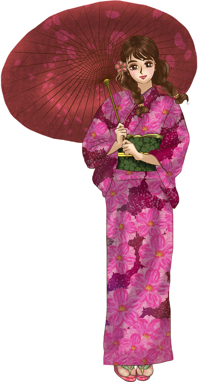 Woman In Bright Pink Kimono Beneath Large Red Paper Umbrella PNG