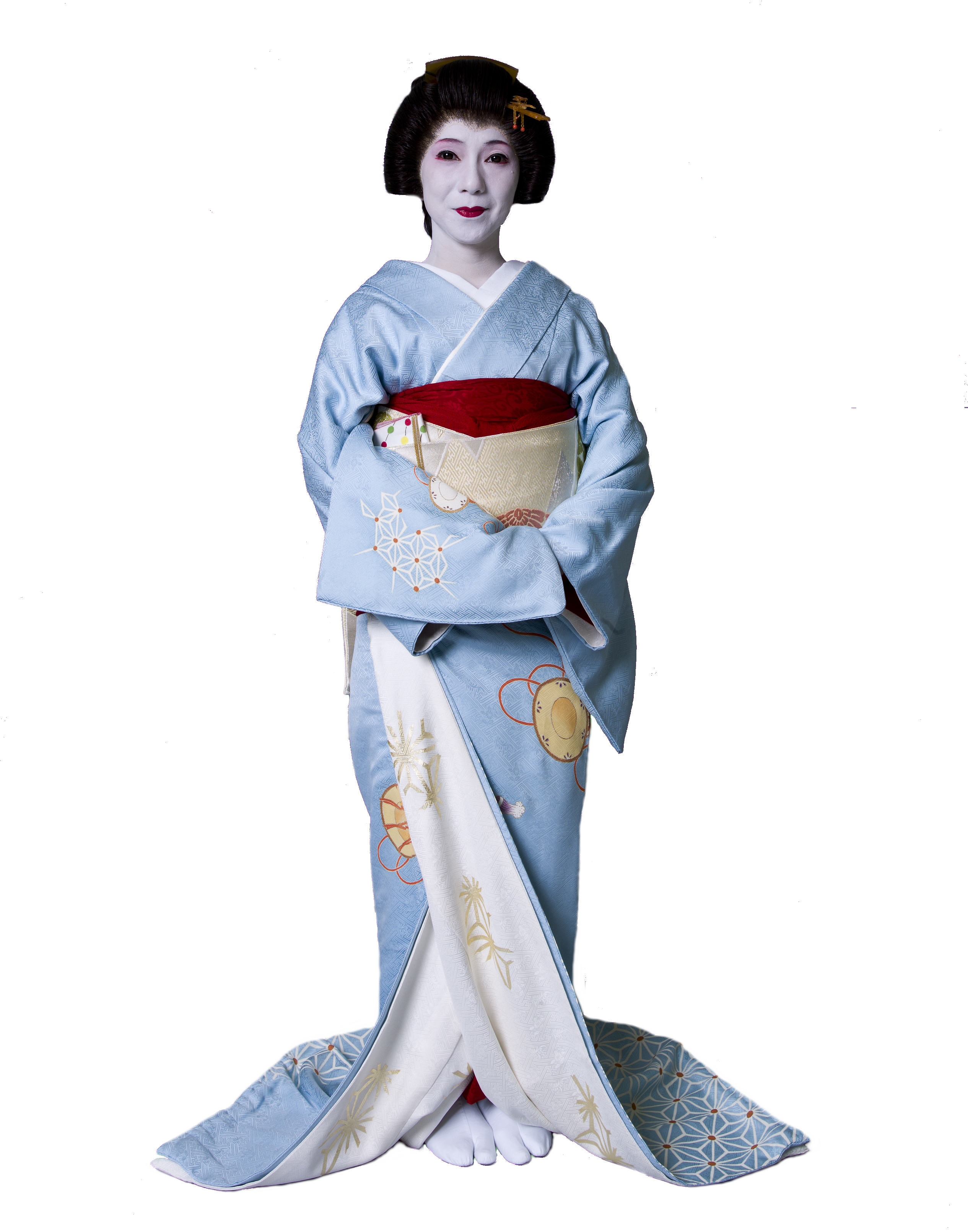 Woman In Pale Blue Kimono With Wide Obi Traditional Fashion Image