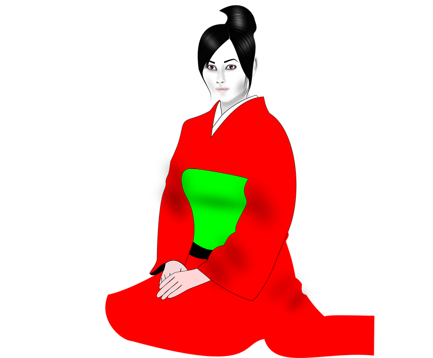 Woman Seated In Red Kimono With Bright Green Obi Japanese Art Image