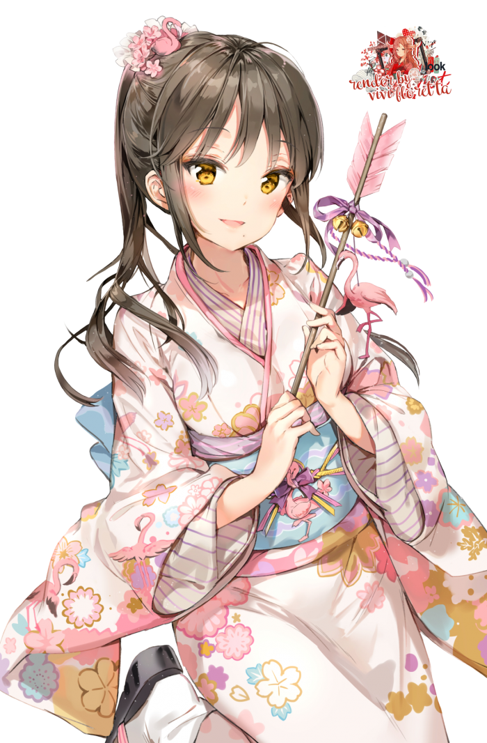 Young Woman In Pink Floral Kimono Holding Blossoms Anime Style Illustration