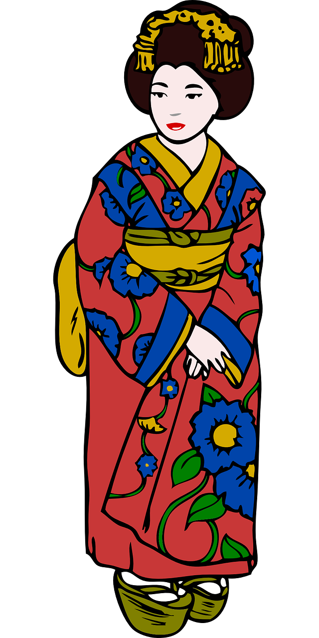 Colorful Cartoon Geisha In Red Kimono With Floral Pattern