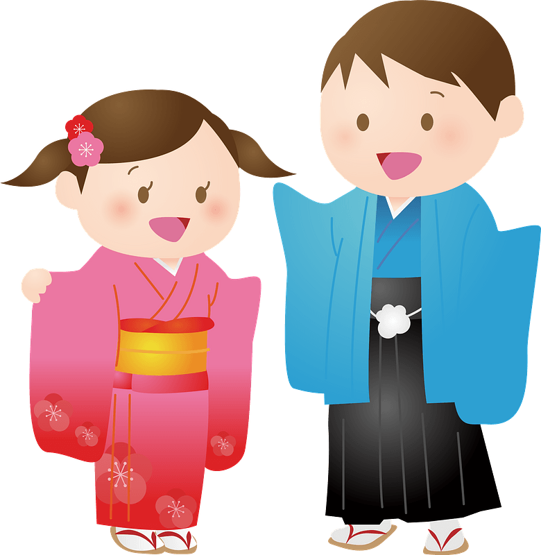 Cute Japanese Boy And Girl Wearing Colorful Traditional Kimono Cartoon