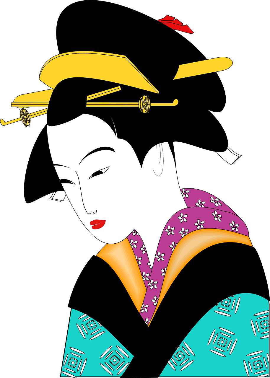 Elegant Geisha Portrait With Black Shimada Hairstyle And Floral Kimono PNG