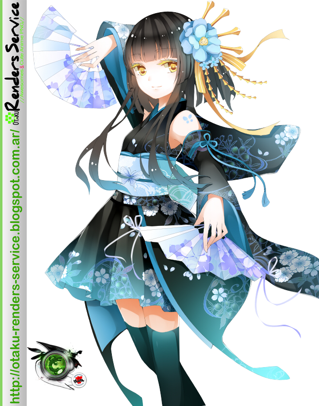 Fantasy Anime Girl In Blue Kimono With Floating Paper Fans Illustration