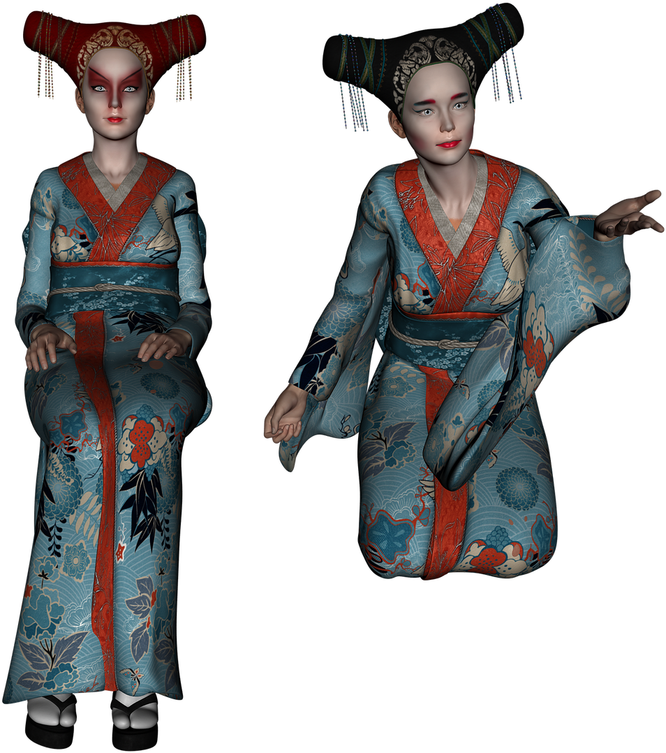 Pair Of Women In Teal Kimono With Paper Umbrella Traditional Art