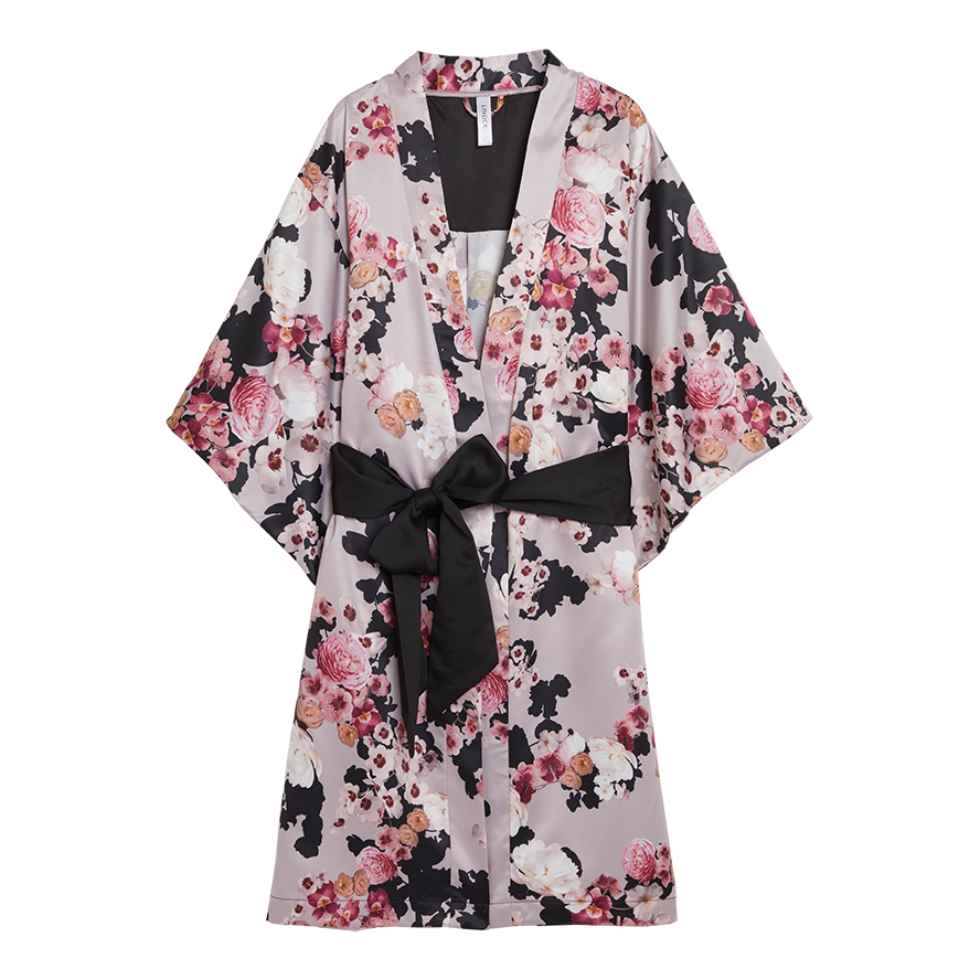 Pink Floral Yukata Kimono With White Belt Front View Apparel Clipart