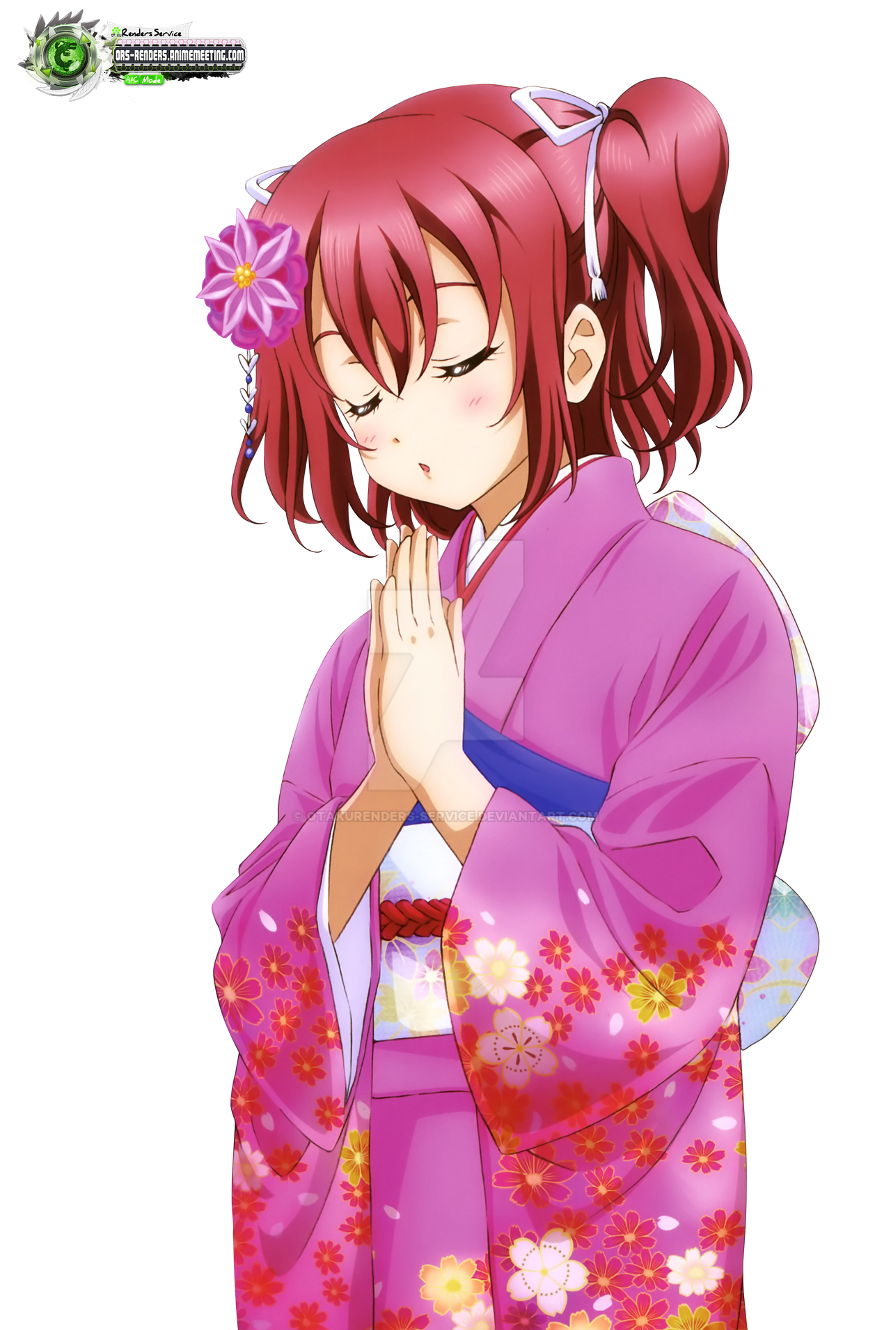 Pink Haired Anime Girl In Purple Kimono With Flower Pattern Artwork