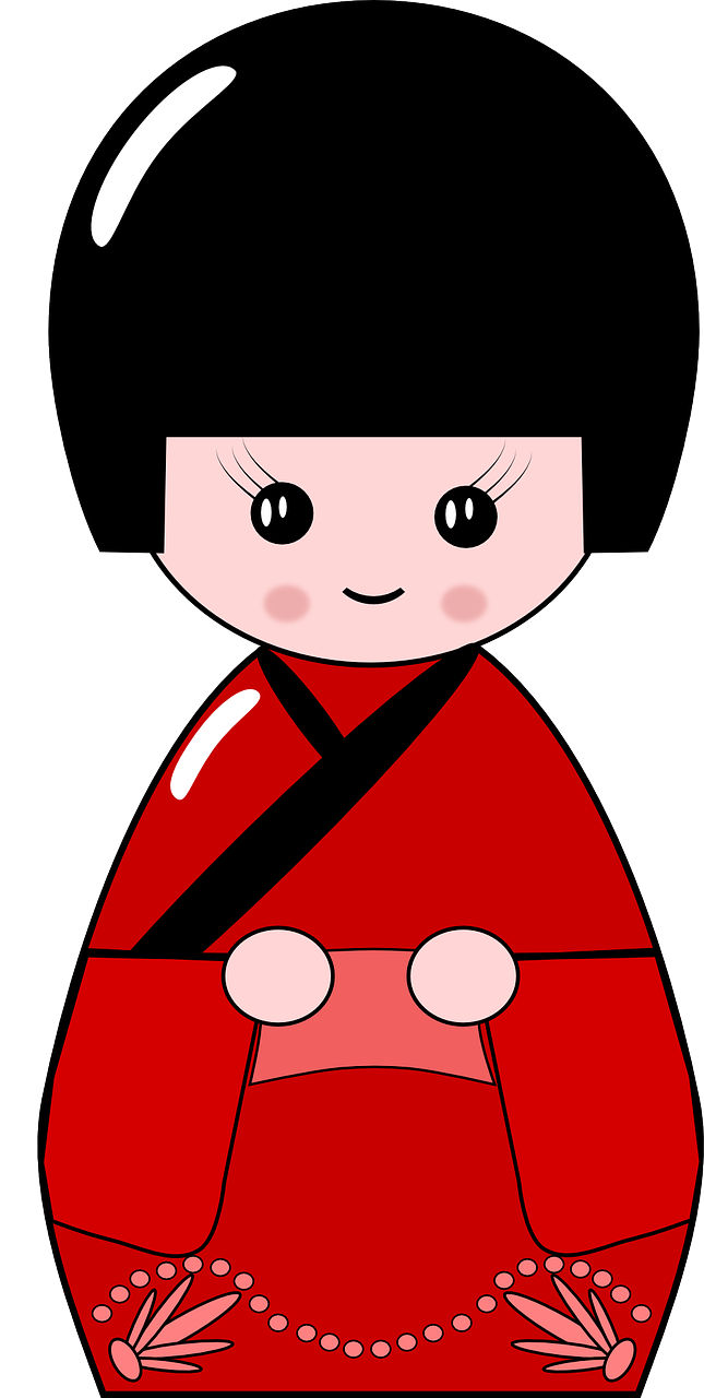 Red Kimono Kokeshi Doll With Black Hair Traditional Japanese Illustration