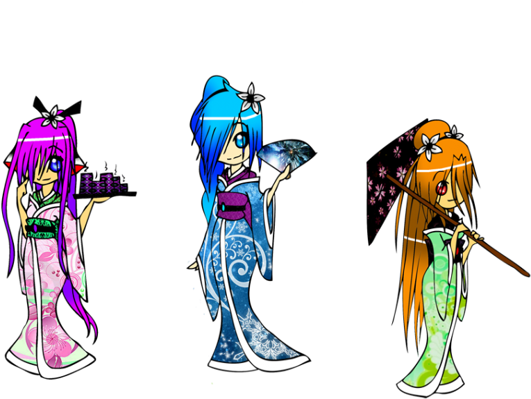 Three Colorful Anime Characters Wearing Traditional Kimono Costumes