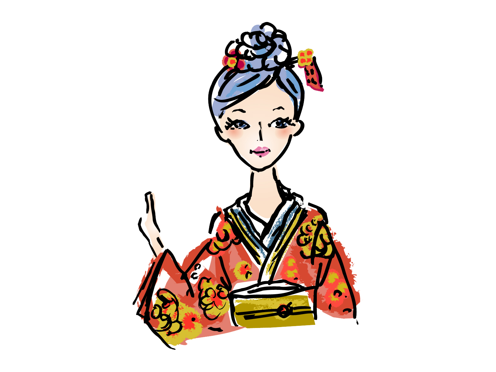 Traditional Japanese Kimono Girl In Elaborate Hair Ornament Drawing