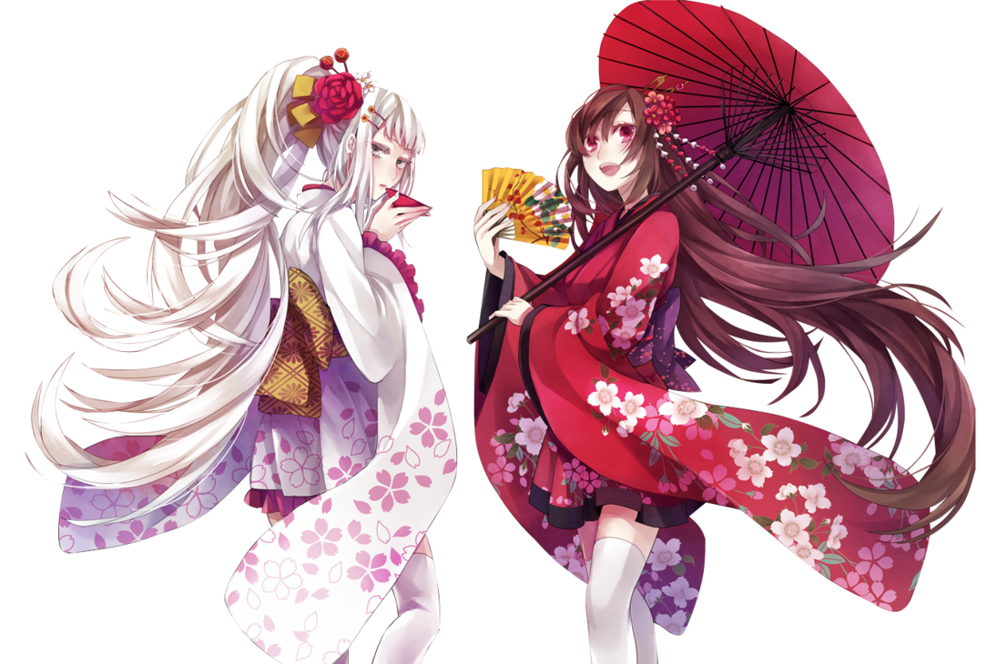 Two Elegant Anime Women In Floral Kimono With Red Paper Parasol