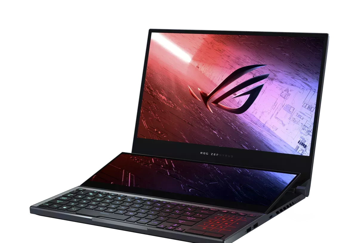 ASUS ROG Laptop Open At Angle With Pink And Blue Gaming Screen
