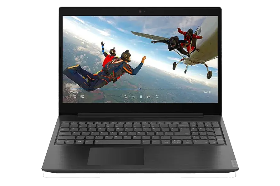 Black Lenovo Laptop Showing Action Game On Wide Screen Product Photo