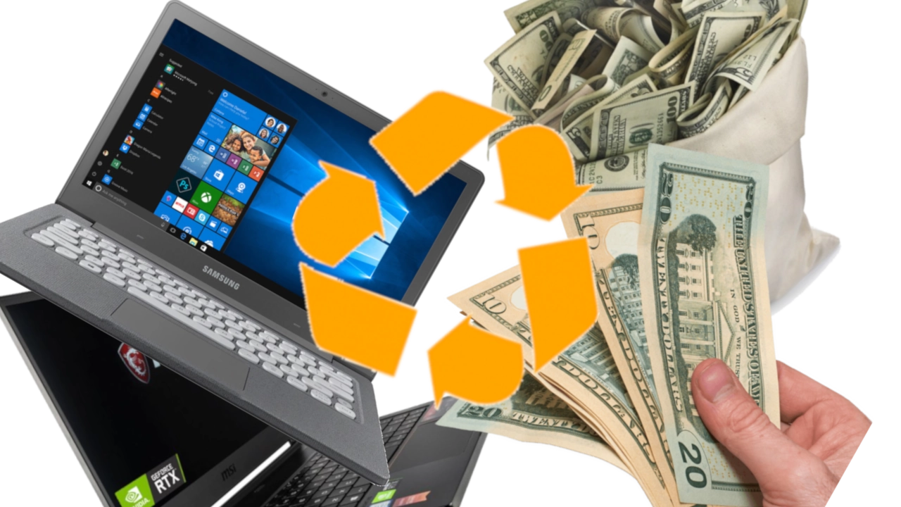 Laptop Buyback Illustration With Money And Orange Exchange Arrows