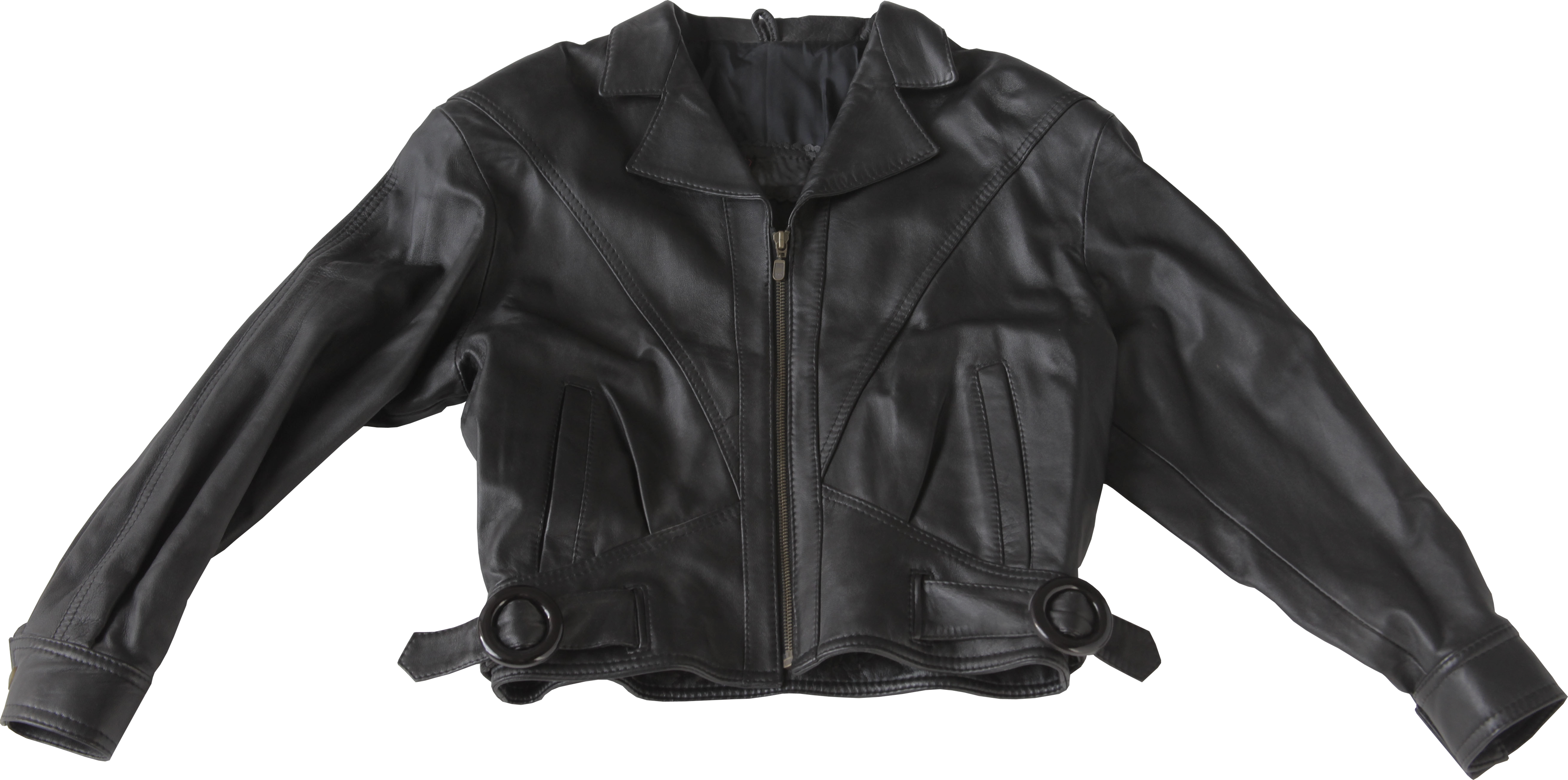 Black Cropped Leather Jacket With Long Sleeves Apparel Cutout