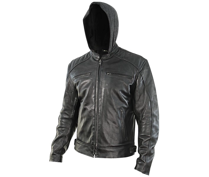 Black Hooded Leather Jacket With Full Front Zipper Isolated Product Photo