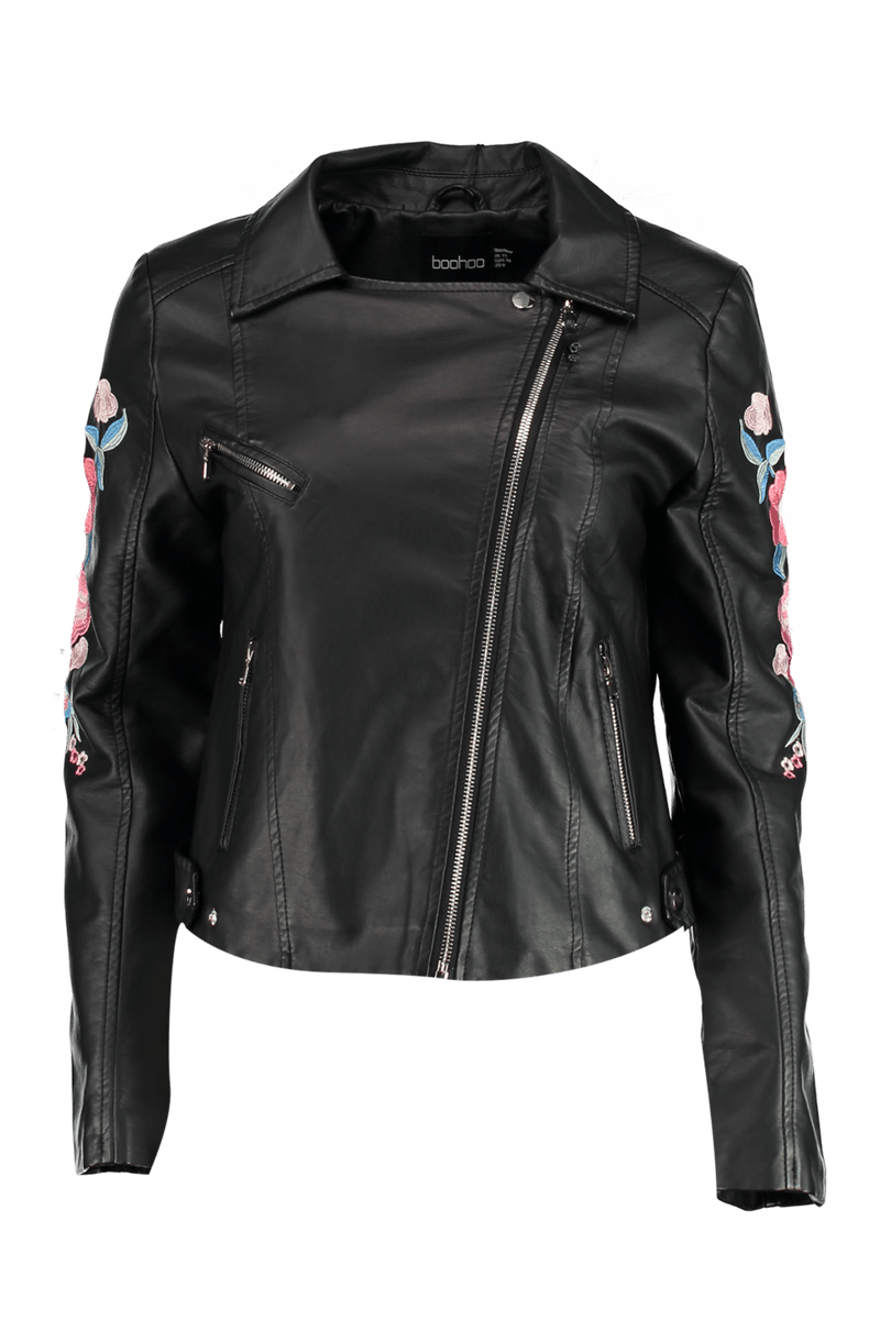 Black Leather Biker Jacket With Sleeve Patches And Metal Zippers