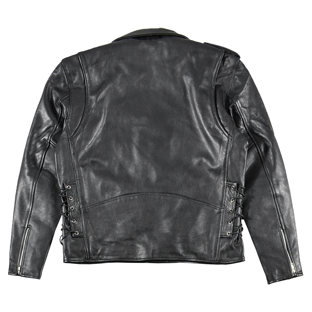 Black Leather Jacket Back View With Seam And Collar Details