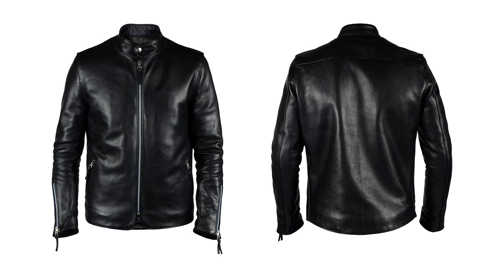 Black Leather Jacket Front And Back Views With Zip Pockets