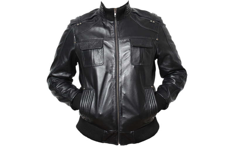 Black Leather Jacket With Hands In Pockets Front Product View
