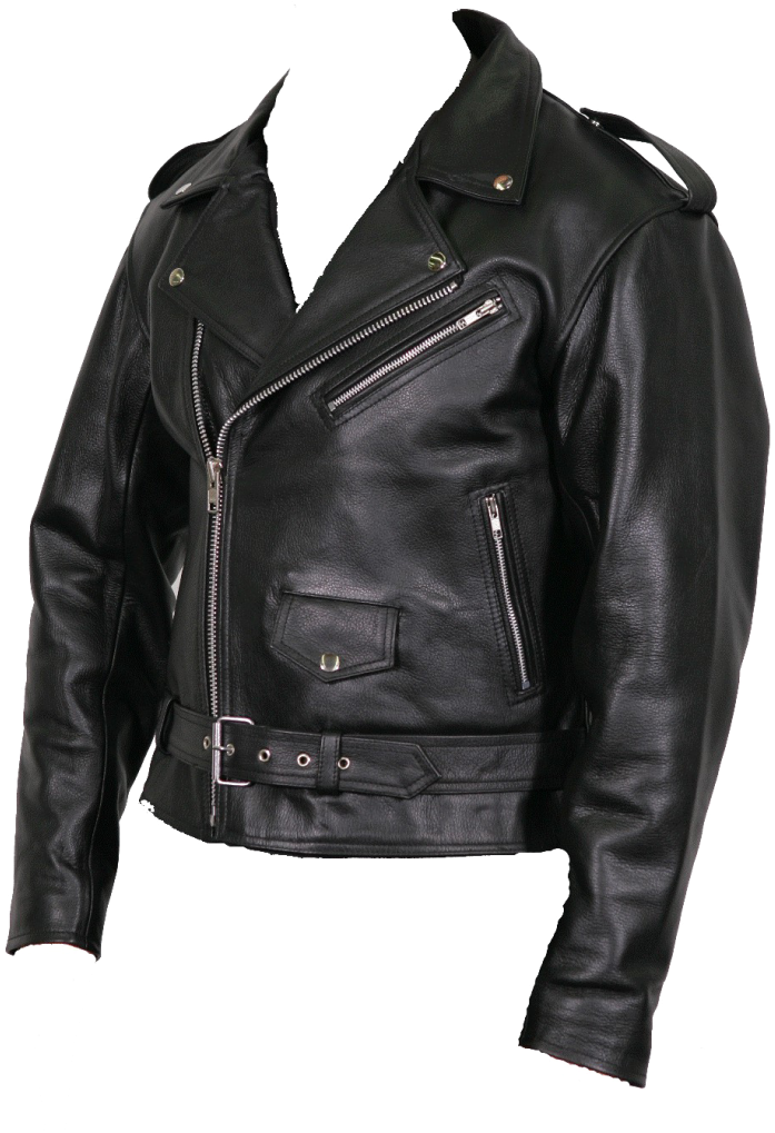 Black Leather Moto Jacket With Wide Lapels And Silver Zipper Detail