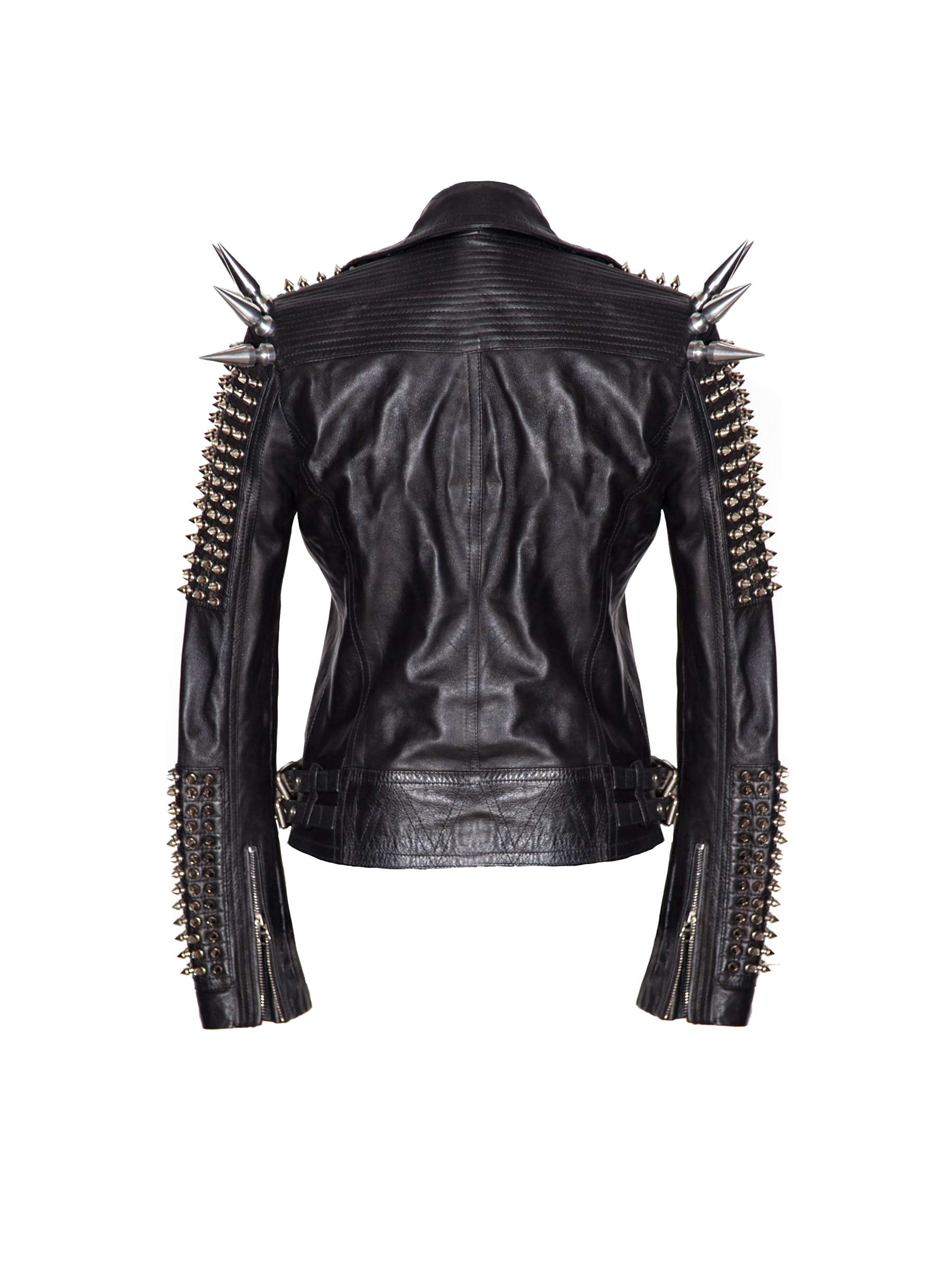 Black Spiked Gothic Leather Biker Jacket Front And Back Display