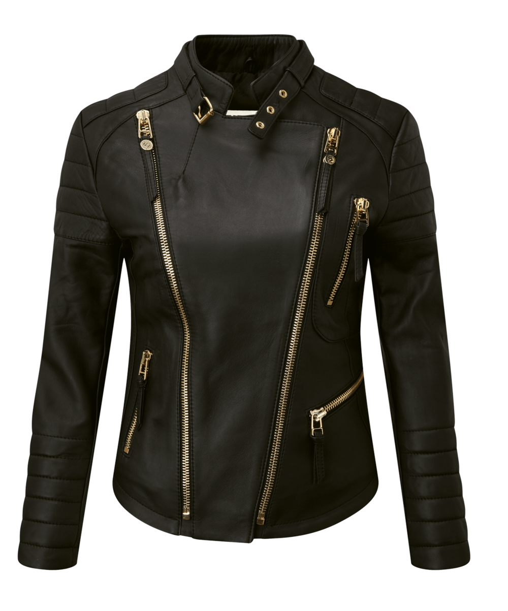 Black Womens Leather Biker Jacket With Gold Zippers And Lapels